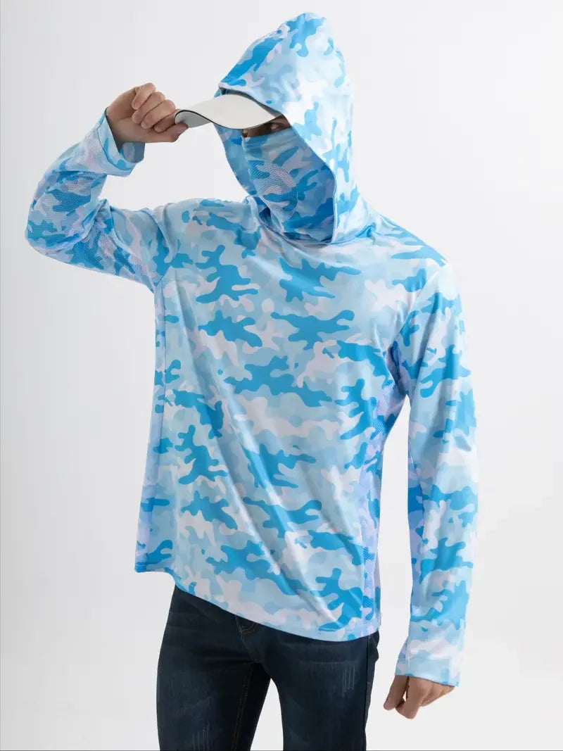 Men's Hooded Fishing Shirt with Face Mask, UV Protection Quick Dry Long Sleeve, 2XL-3XL