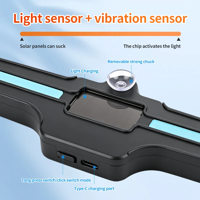 Solar Powered Car Interior Warning Light Blue LED Ambient Atmosphere Light 1pc