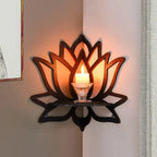 Wooden Lotus Wall Mounted Corner Shelf Rack, Black - Essential Oil Candle Holder
