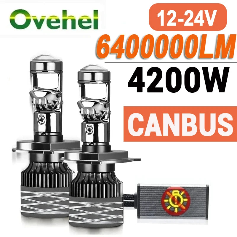 OVEHEL Led Projector Lens H7 H4 Car Headlight H11 6400000LM 4200W Bulb 9005 9006 Canbus 6000K Auto/Moto Fog Light LHD 12V 24V