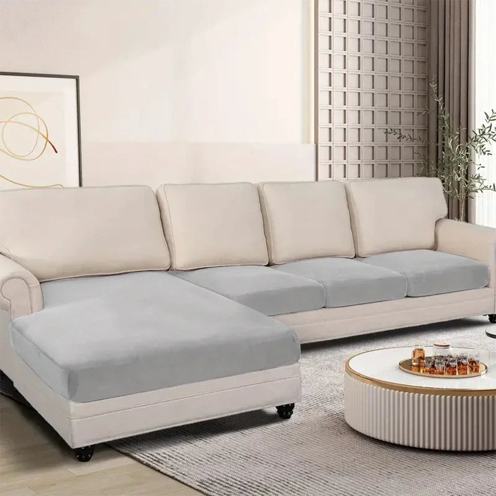 Velvet Sofa Cushion Cover Stretch Plush Seat Slipcover, Beige/Beige Gray, S-XL, 1pc