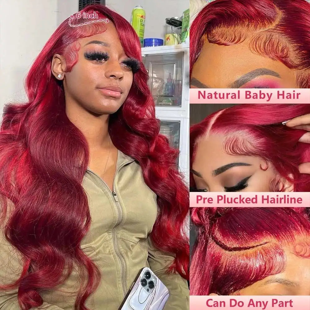 Burgundy 99J Human Hair Lace Front Wig 13x4 HD Transparent Body Wave 16-34in