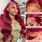 Burgundy 99J Human Hair Lace Front Wig 13x4 HD Transparent Body Wave 16-34in
