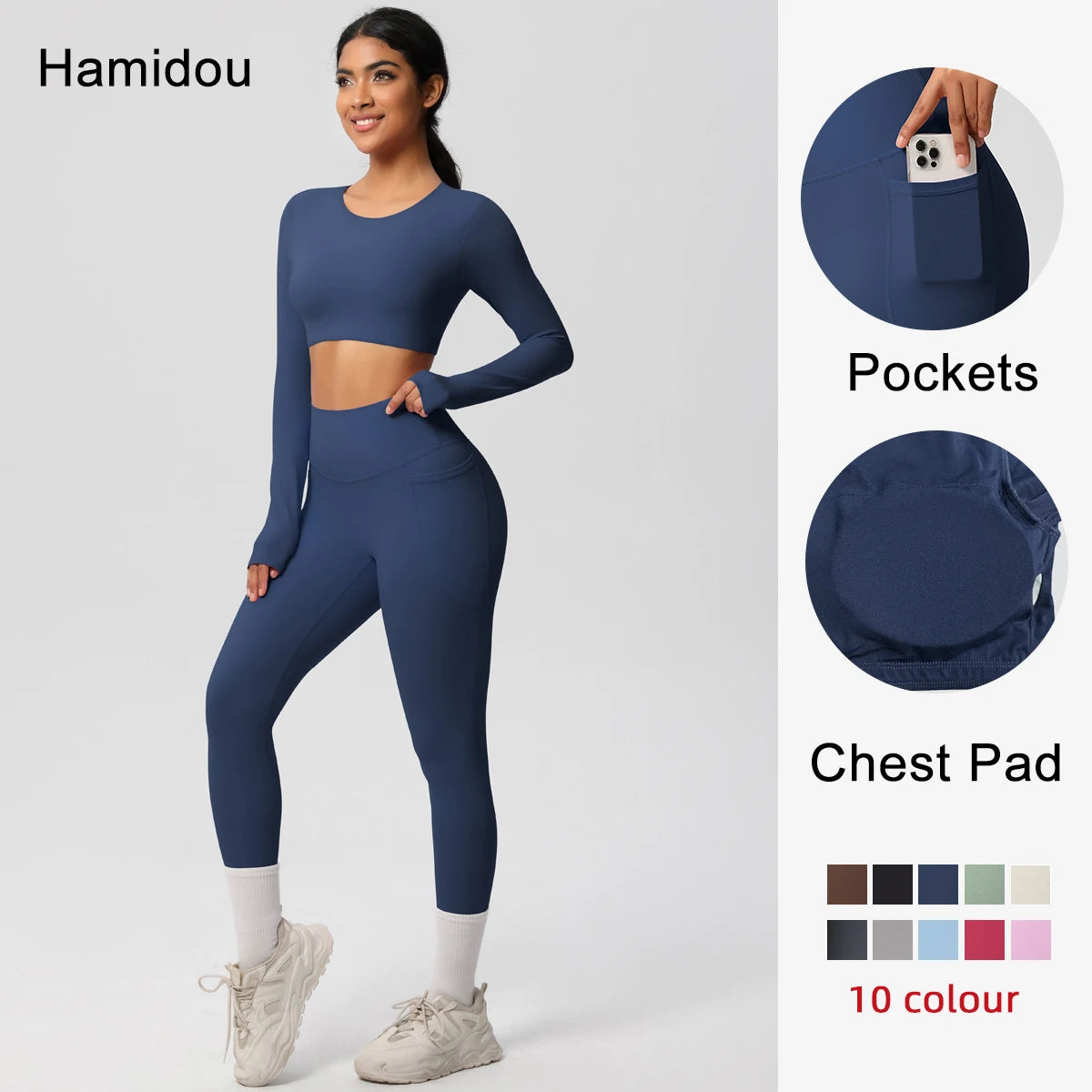 Hamidou Women's 2pc Yoga Set with Built-In Bra Top & Pocket Leggings, S-XL