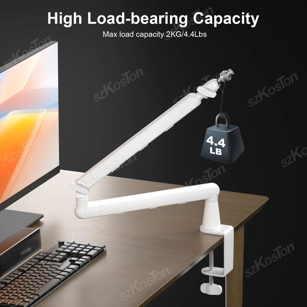 White Microphone Boom Arm Adjustable Low Profile Mic Stand with Extended Riser & Cable Management for SM7B MV7 AM8 K688 HyperX