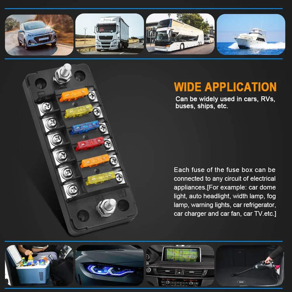 6 Way Fuse Box with Negative Bus Waterproof 6 Circuit Automotive Fuse Holder Fuse Block for 12V/24V Car Truck Boat Marine RV