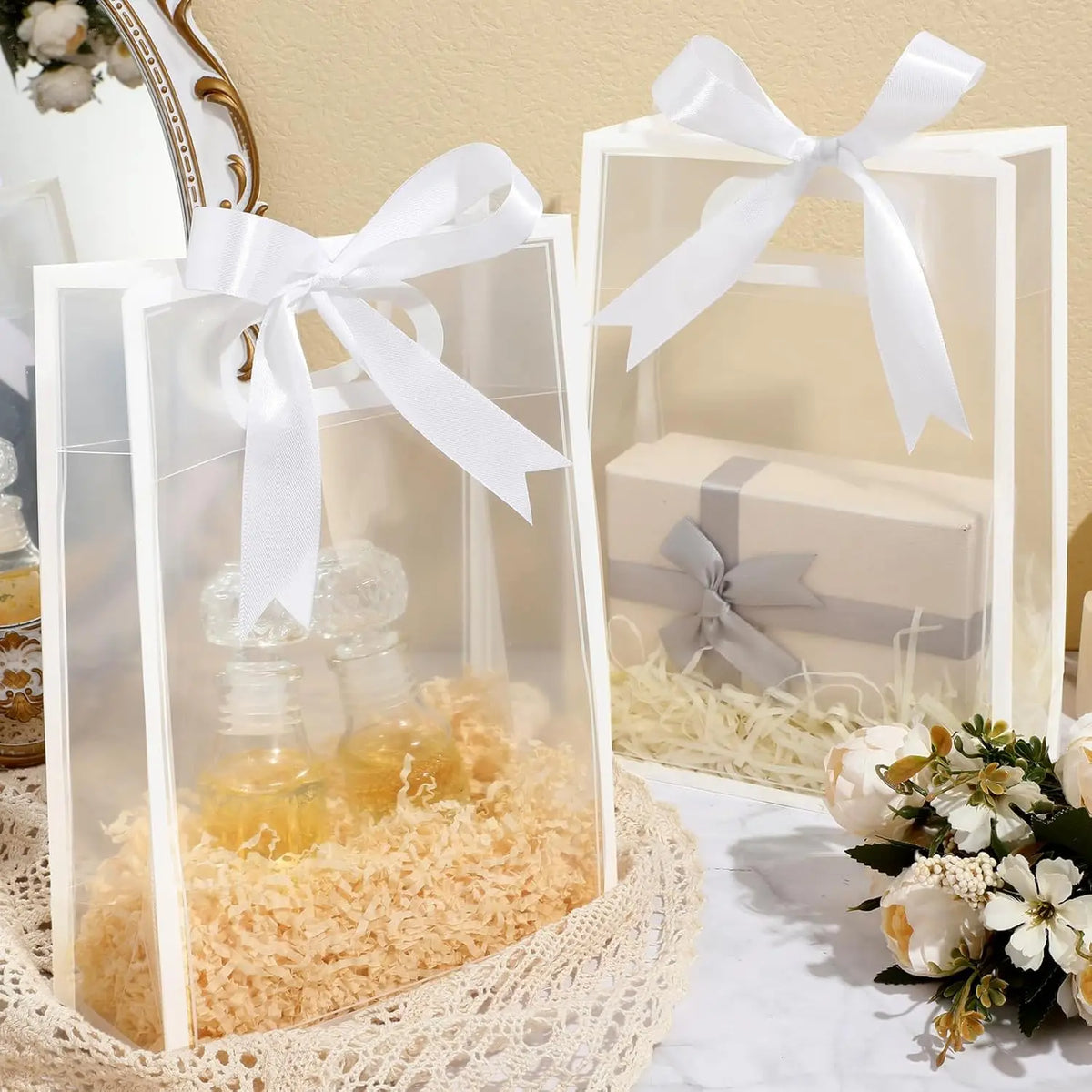 10Pcs Clear Plastic Gift Bag with Die Cut Handles Reusable PP Flower Bag with Ribbon for Wedding Bridal Birthday Party Business