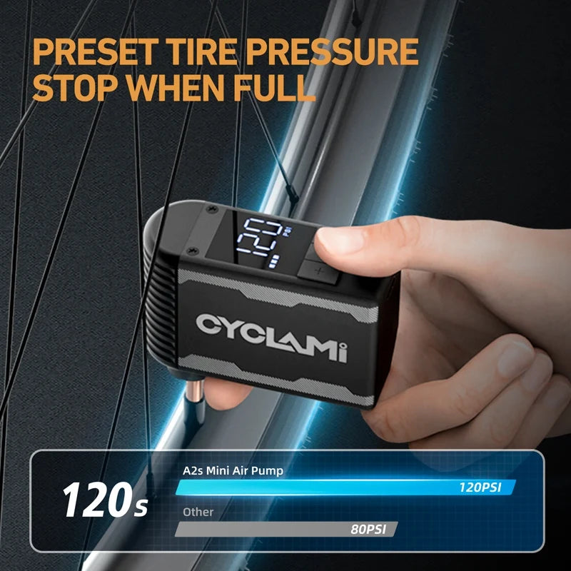 CYCLAMI 120PSI Portable Bike Electric Air Pump Schrader Presta Valve Road MINI Fast Compressor for Bike Schrader Presta Tire A2S