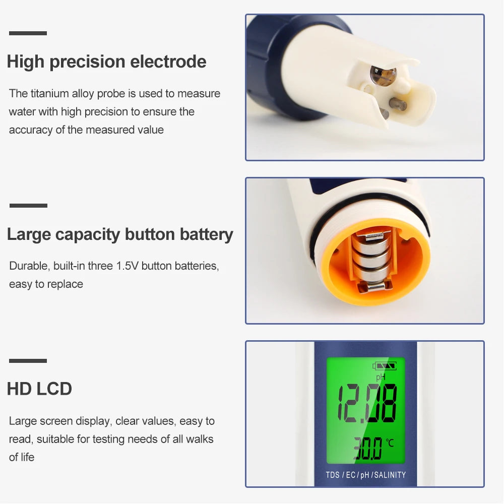 Professional Water Quality Tester 5 In 1 TDS/PH/EC/Temp /Salinity Meter Water Analyzer for Pools Drinking Water Aquarium Monitor