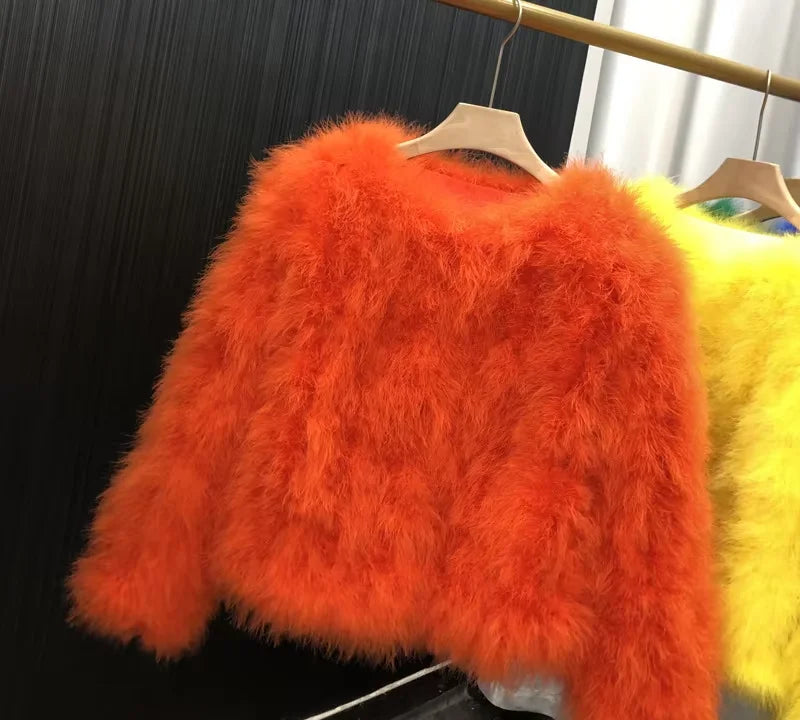 Ostrich Feather Coat for Women 100% Natural Fur Coats O Neck Long Sleeve Ladies Nightclub Turkey Jackets Winter Fashion