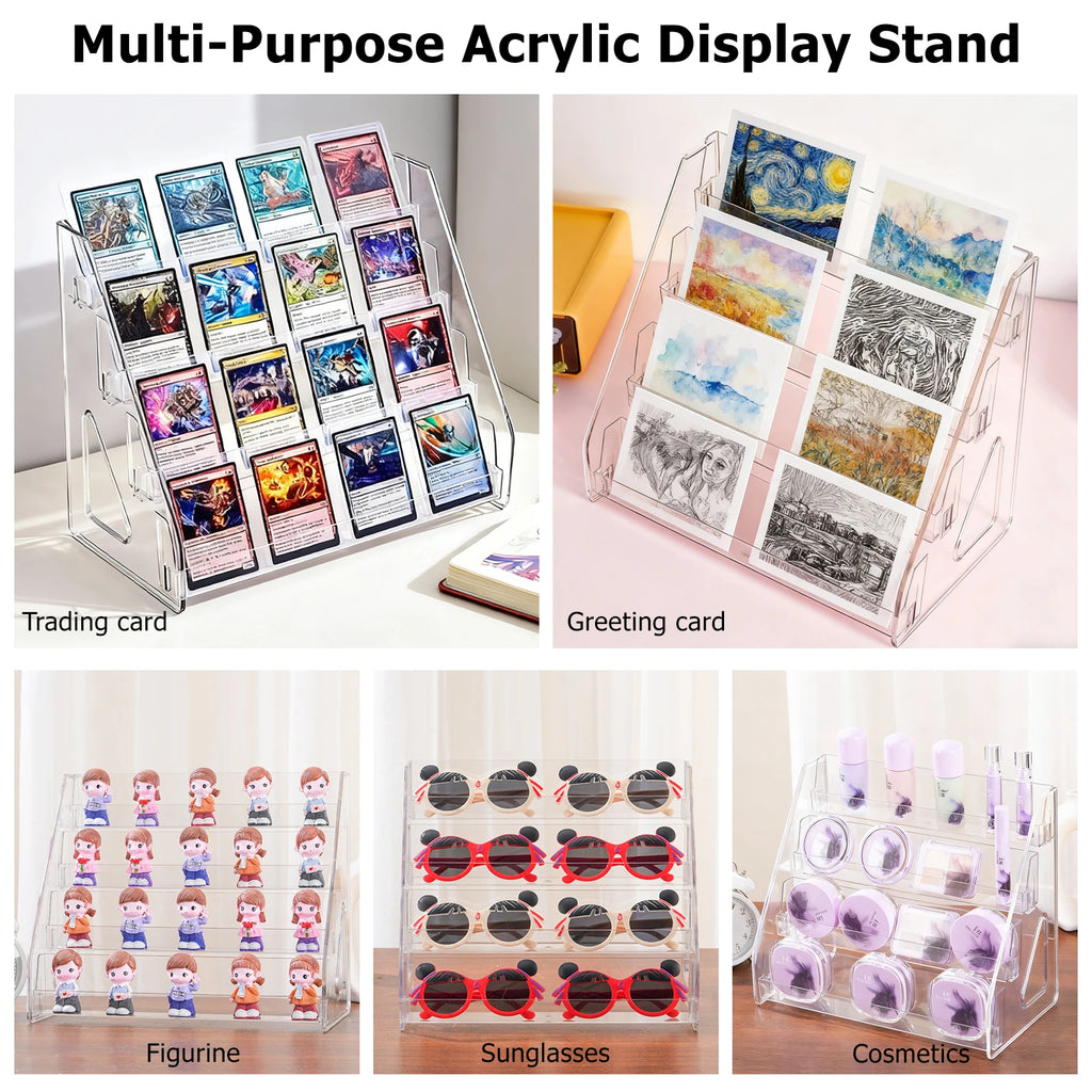 4 Tier Acrylic Trading Card Display Stand, Holds 16 Graded Cards Clear Shelf for PSA BGS SGC Slabs, Toploaders, TCG Sports Cards