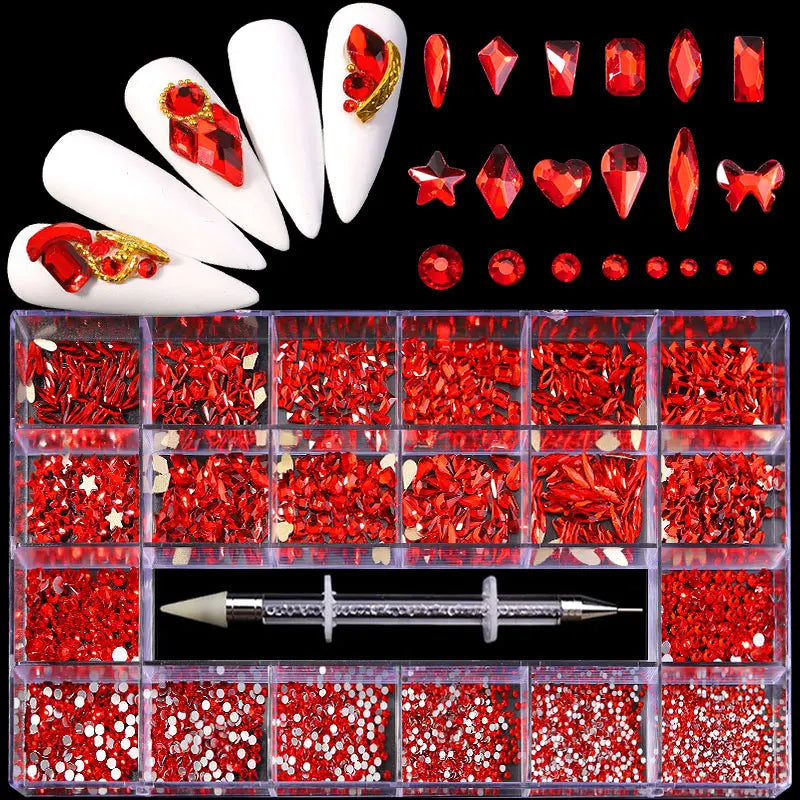 red champagne Glass Crystal Diamond Flat Rhinestone Nail Art Decoration 21 Grid Box Nails Accessories Set With 1 Pick Up Pen