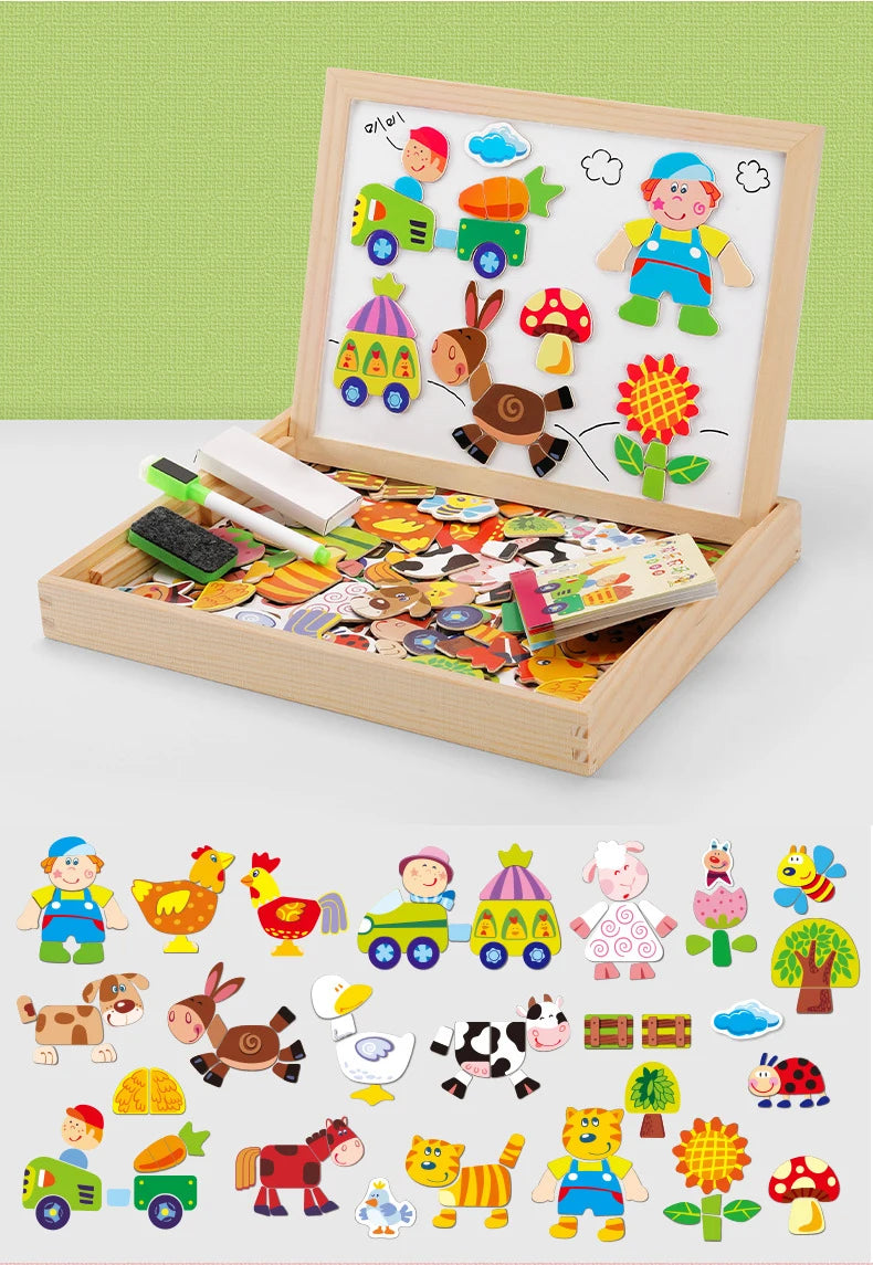 100+Pcs Wooden Multifunction Children Animal Puzzle Writing Magnetic Drawing Board Blackboard Learning Education Toys For Kids