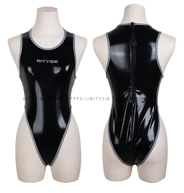 Bitysie Enamel Sexy Women Swimwear  Japanese One-Piece High Leg Cut Leotard Seductive Competitive Rubberized bodysuit