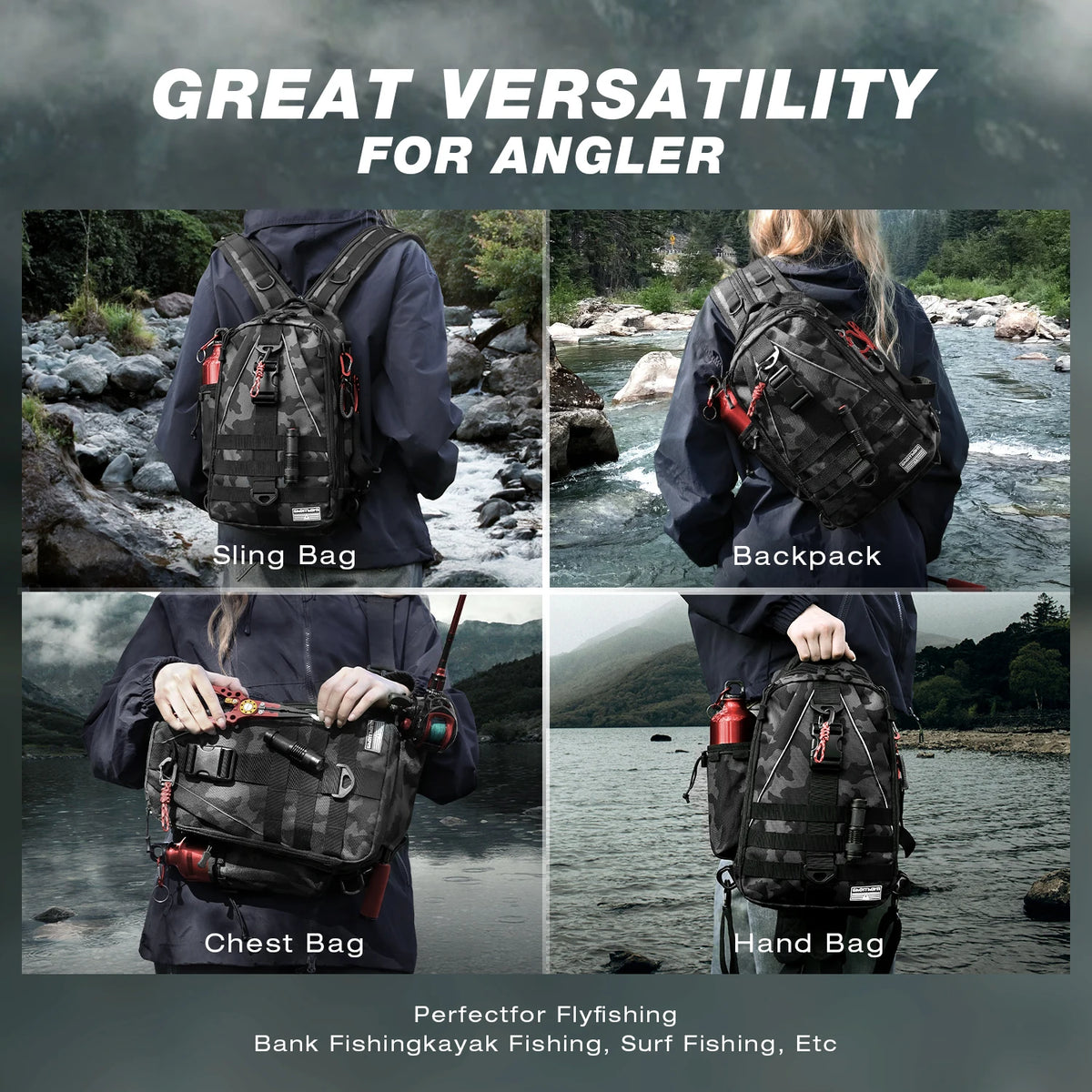 Fishing Backpack Tackle Sling Bag - Fishing Backpack with Rod Holder - Tackle Box Fly Fishing Gifts for Men Women