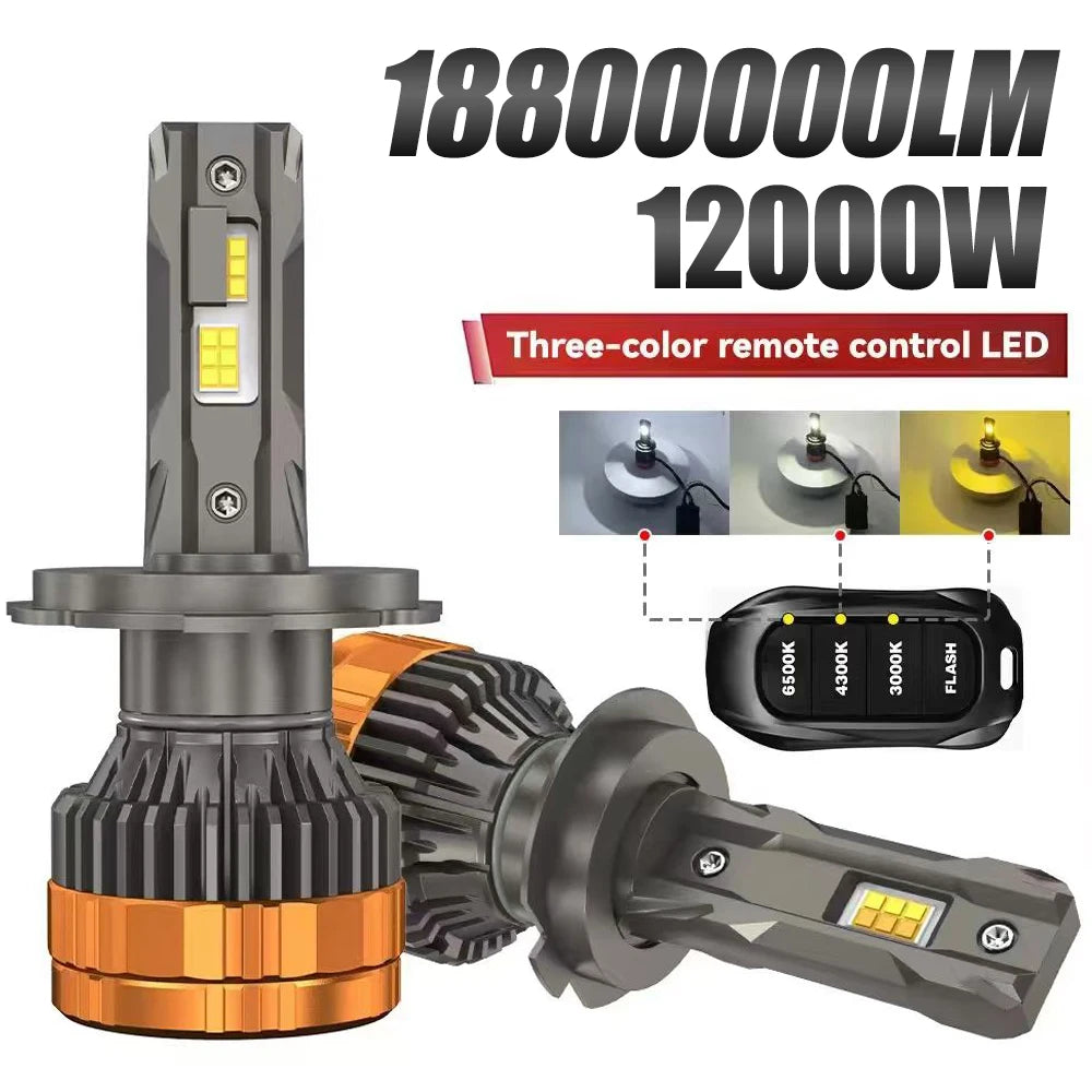 Tri-Color LED Headlight Bulb Kit with Remote, 12-48V, 3-Color Flash, Select Fitment