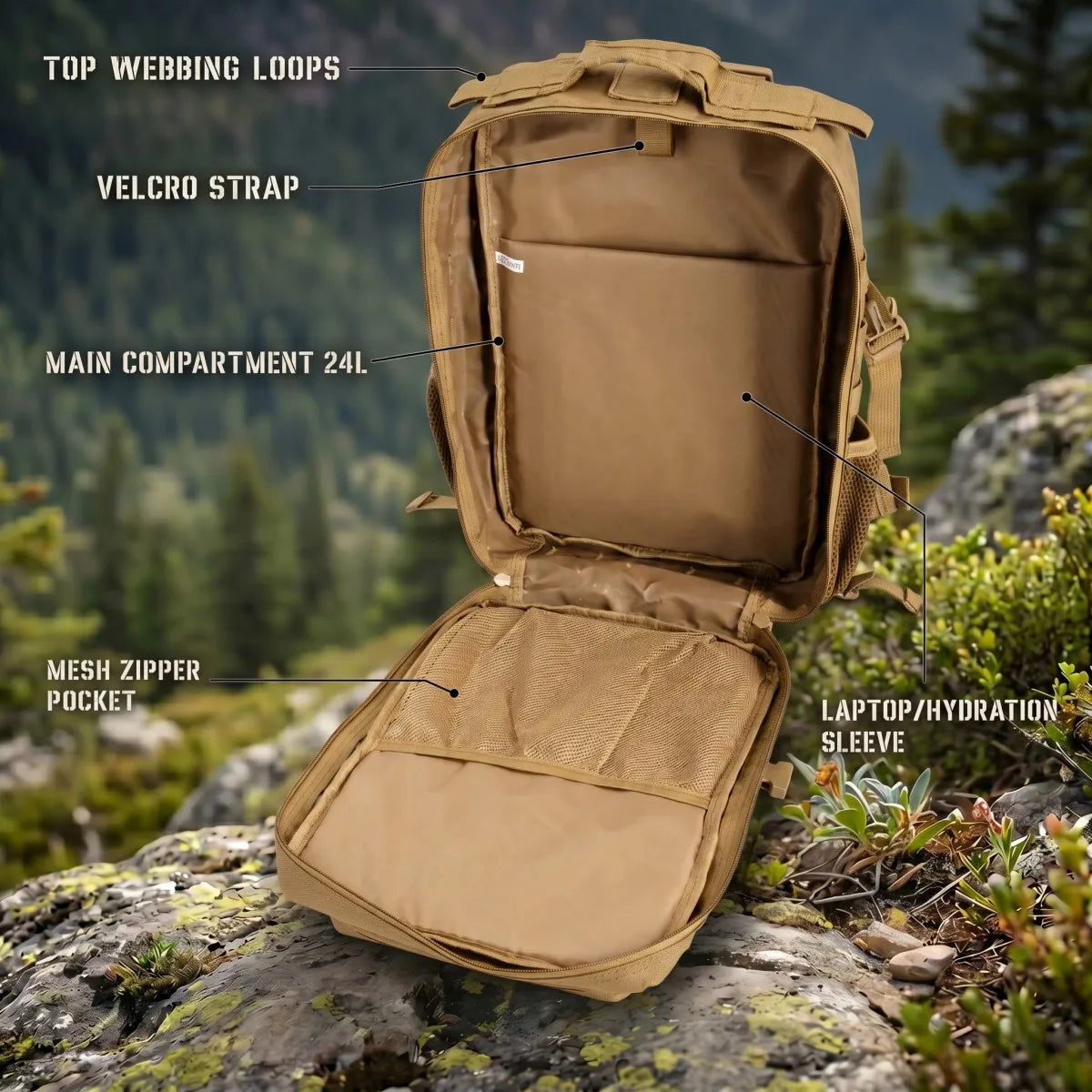 24L Tactical Backpack with Molle Webbing, Unisex Outdoor Hiking Camping Travel Daypack
