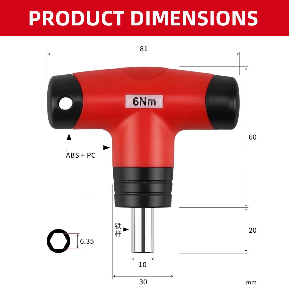 1- 6 N.M T-type Fixed Torque Scewdriver Preset Torque Wrench Tools with 4 Batch Heads 5% Accuracy 6.35mm