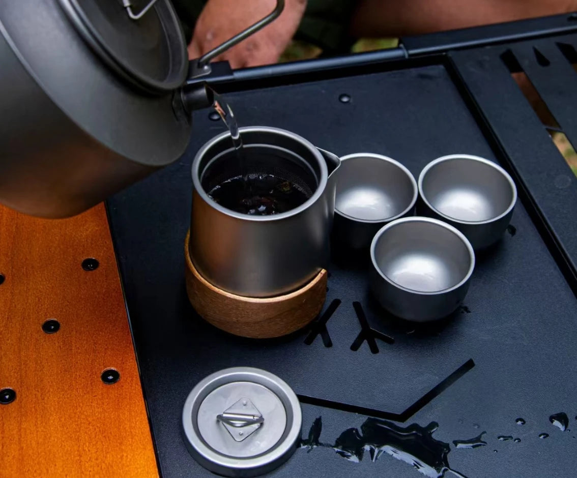 Titanium-Plated Stainless Steel Portable Travel Tea Set with Teapot & Double-Wall Cups, Light Grey