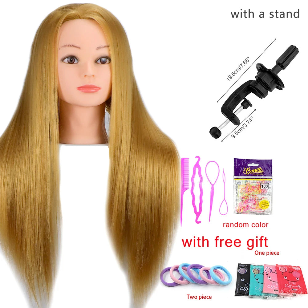 Mannequin Head 100% Synthetic Hair Hairdresser Training Head With Tripod Manikin Cosmetology Doll Head For Braiding Styling