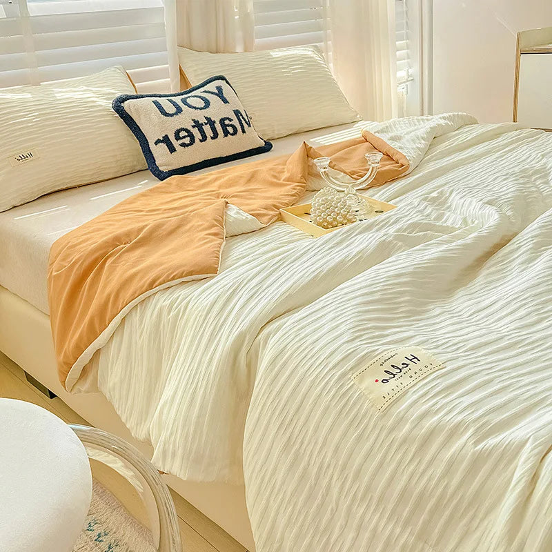 Korean Style Seersucker Washed Cotton Summer Quilt Four-Piece Set Bare Sleeping Quilt Summer Blanket Airable Cover