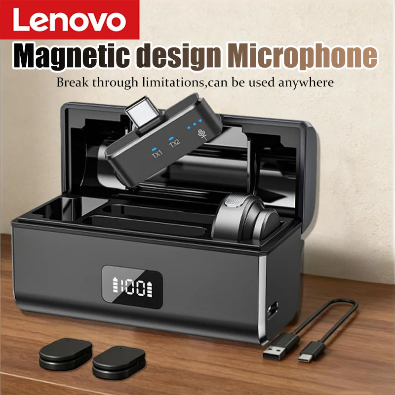 Lenovo Magnetic Wireless Lavalier Microphone 100M Noise Reductionfor with Charging Box Professional Microphone for Recording