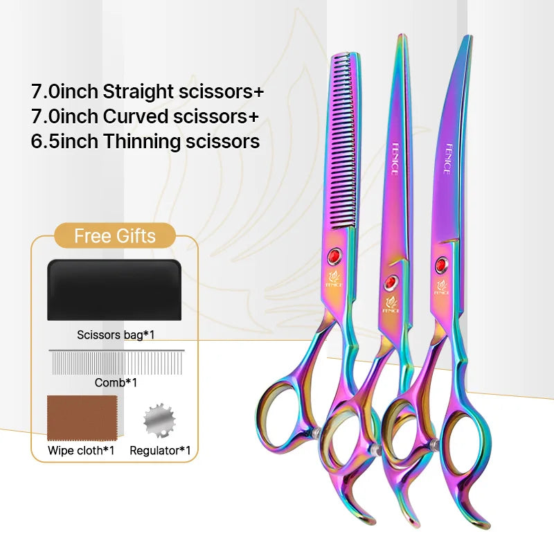 Fenice New design colorful 7.0 inch pet grooming scissors set straight thinning curved scissors