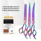 Fenice New design colorful 7.0 inch pet grooming scissors set straight thinning curved scissors