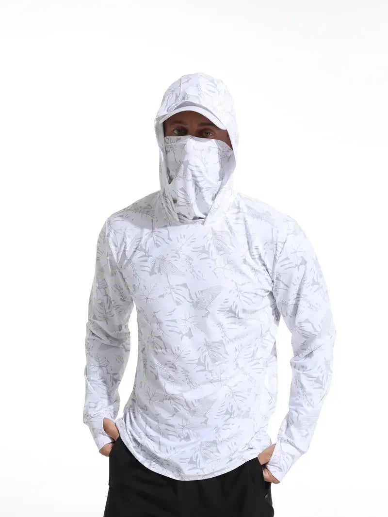 Men's Hooded Fishing Shirt with Face Mask, UV Protection Quick Dry Long Sleeve, 2XL-3XL