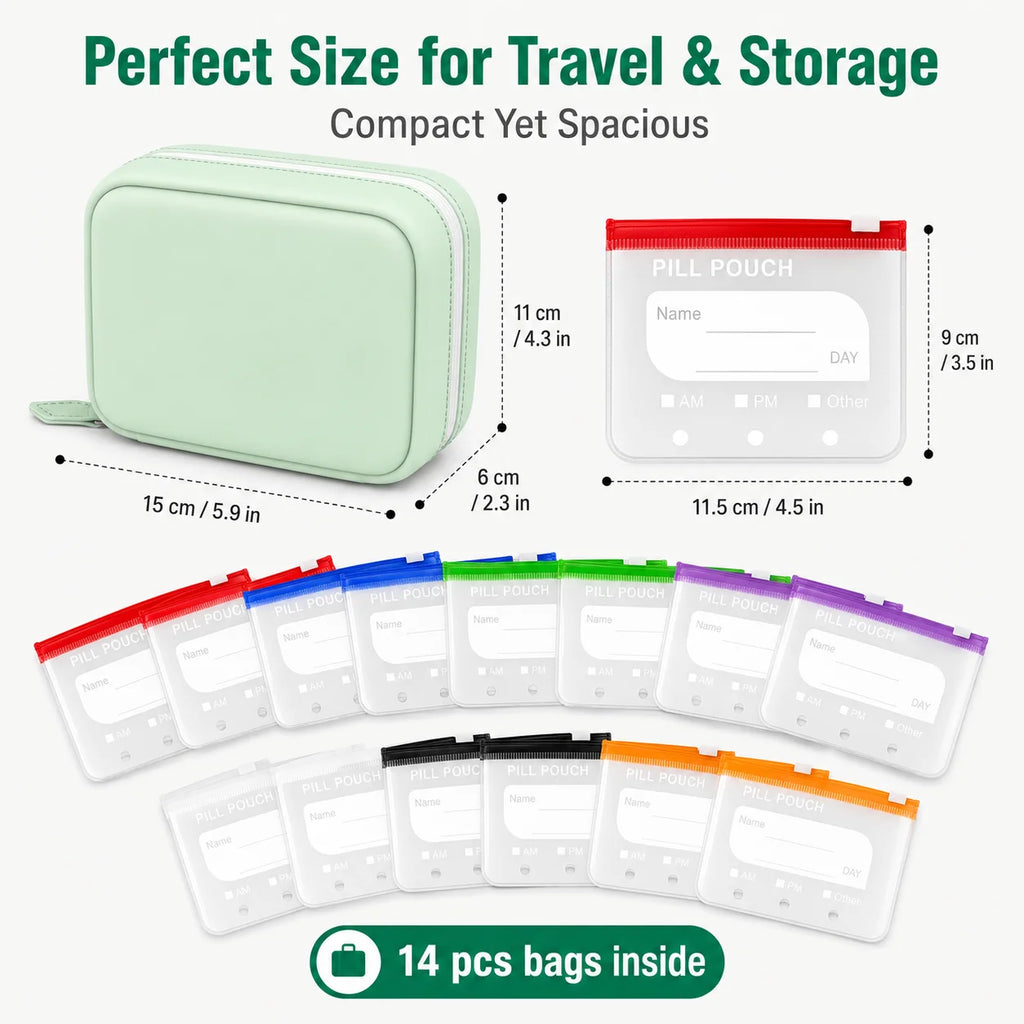 Travel Pill Organizer Case with 14 Reusable Zipper Pouches, Food-Grade Silicone, Black