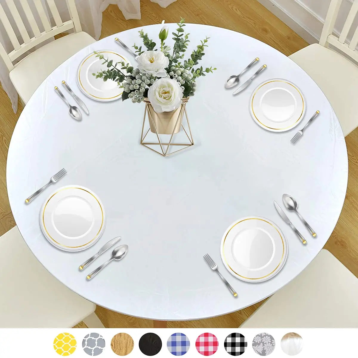 Fitted Round Plastic Vinyl Table Cloth Flannel Backing Elastic Edge Waterproof Table Protector for Dining Room Table Cover