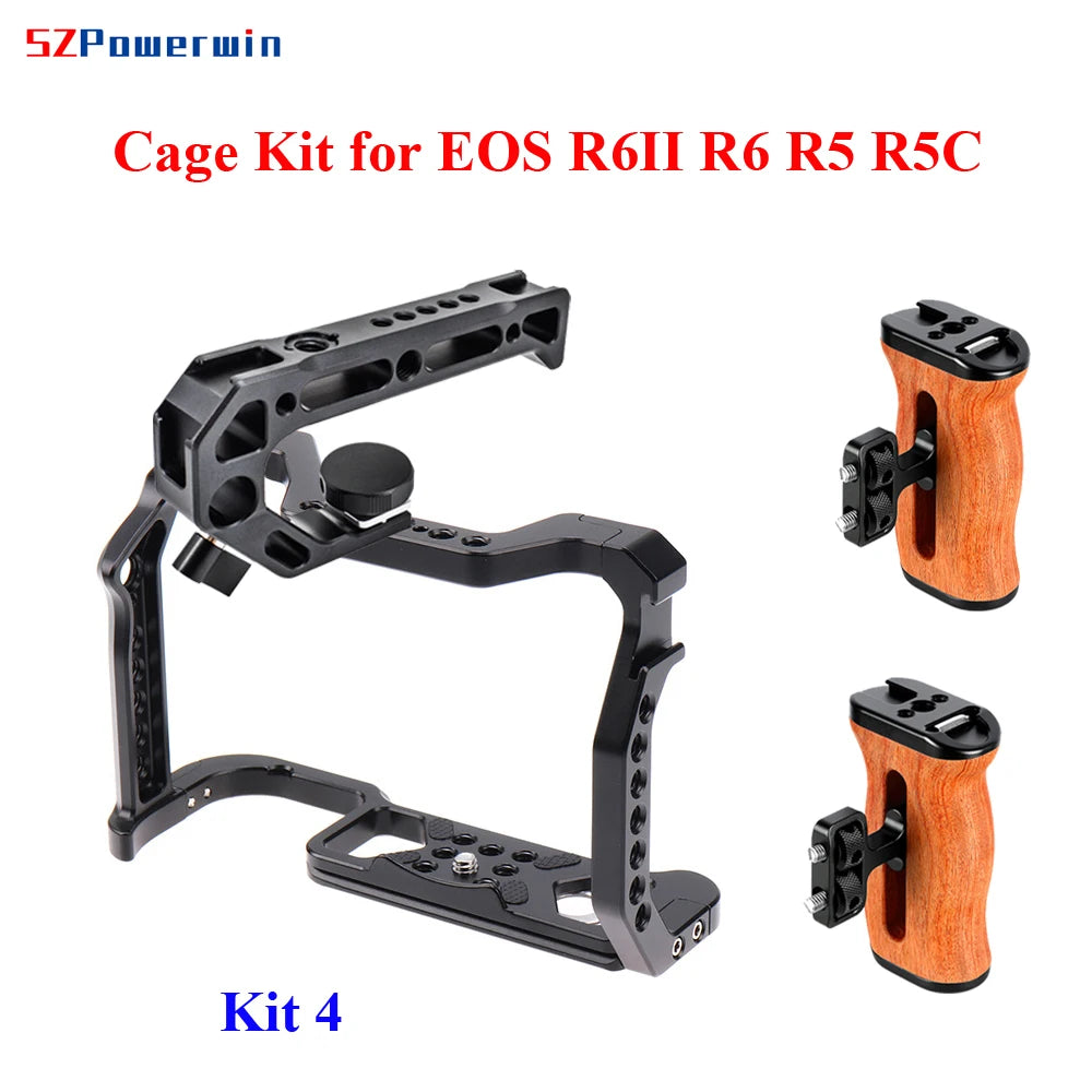 Powerwin Camera Cage For Canon EOS R6 Mark II R6II R6 R5 R5C wooden Handgrid Handle Kit Aluminum Alloy Arri Locating Screw