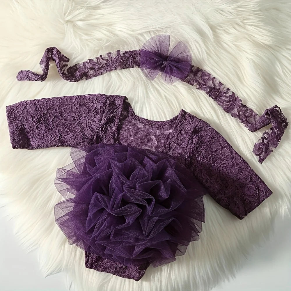 Newborn Lace Flower Headband And Bodysuit Set For 100th Day Baby Photoshoot Outfit Infant Photo Prop Baby Shower Gift