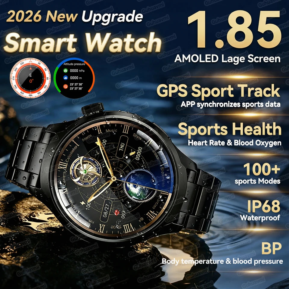 1.85" HD Big Screen Smart watch For men Sports NFC Watch Bluetooth Call Blood Pressure Temperature GPS Sport Track smart watch
