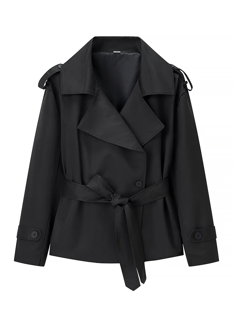 Women Lace Up Loose Trench Coat Fashion Long Sleeves Lapel Wide Shoulder Oversized Windbreaker Lady Commute Street Outerwear