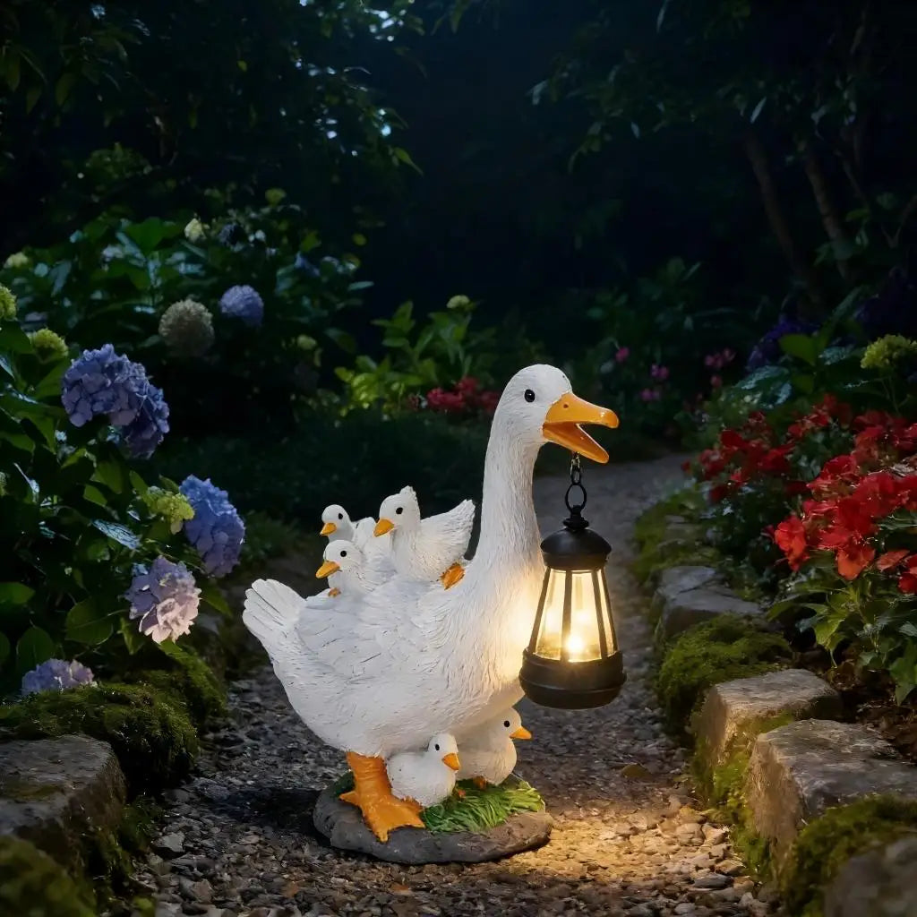 Solar Duck Garden Statue With Lantern, Resin Goose Family Figurine LED Light Waterproof Outdoor Home Decor For Patio, Lawn, Pond
