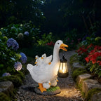 Solar Duck Garden Statue With Lantern, Resin Goose Family Figurine LED Light Waterproof Outdoor Home Decor For Patio, Lawn, Pond