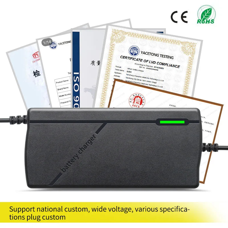 48V/60V/72V Charger 2A/5A Lithium-ion Battery Pack Charger 54.6V/67.2V/84V Intelligent Fast Charging EU Plug With Cooling Fan