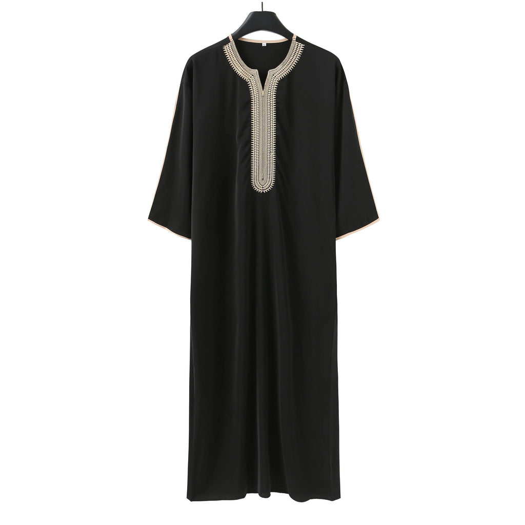Summer 2025 Kaftan Muslim Men's Short Sleeve Embroidered Loose Casual Robe Breathable Islamic Abaya for Men