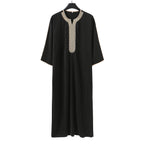 Summer 2025 Kaftan Muslim Men's Short Sleeve Embroidered Loose Casual Robe Breathable Islamic Abaya for Men
