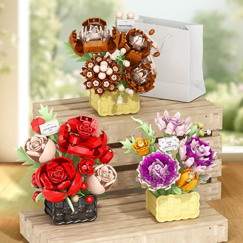 Rose Eternal Flower Basket Potted Plants Mini Particle Building Block,DIY Sunflower Flower Ornament Assembled Toy,For Kids Gifts