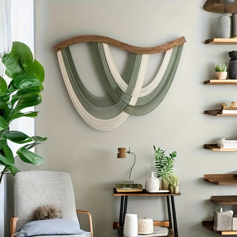 Macrame Wall Hanging Wood Arch Large Bohemian Woven Tapestry with Green Beige Tassels for Living Room Bedroom Boho Wall Decor