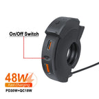48W PD QC3.0 Motorcycle Handlebar USB Charger Socket, Waterproof Type-C Port, Switch/LED