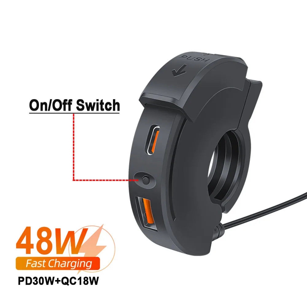 48W PD QC3.0 Motorcycle Handlebar USB Charger Socket, Waterproof Type-C Port, Switch/LED