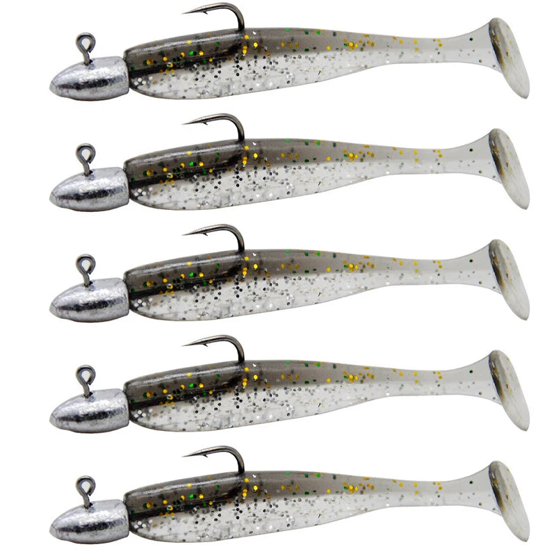 5Pcs/Lot T-tail Soft Fishing Bait Matched With Head Hooks Artificial Wobblers Swimbait Fishing Tackles For Bass Pike Pesca