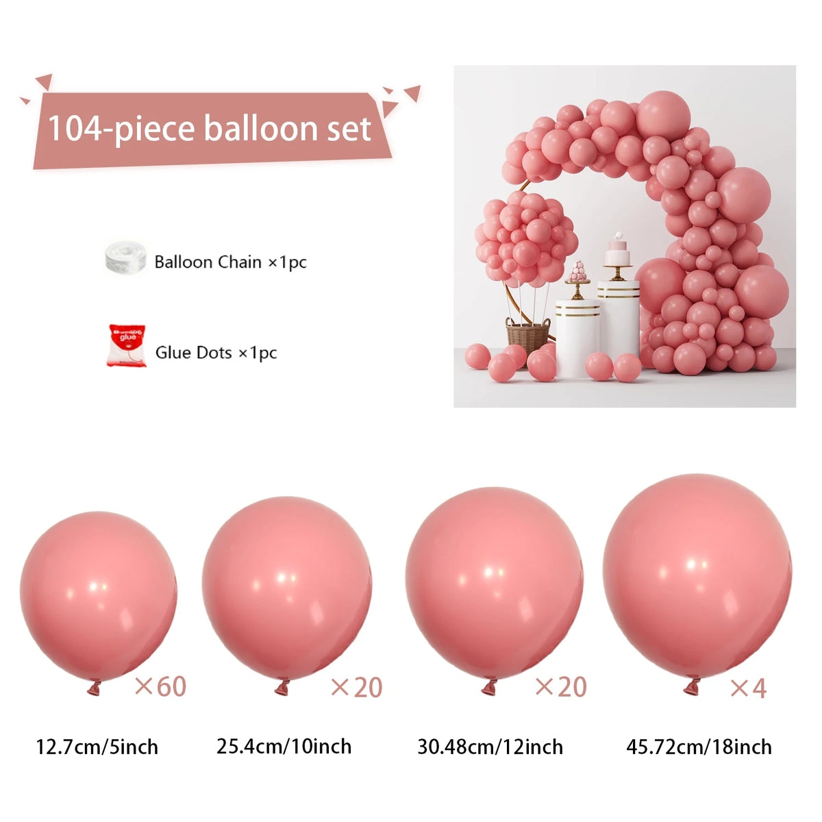 104pcs Balloon Garland Arch Kit, Red Mixed Sizes Latex Balloons for Birthday Wedding Decor