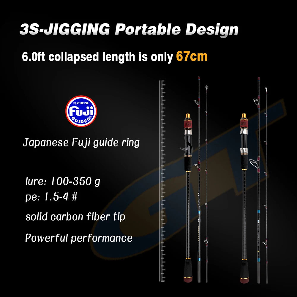 Predator 1.8/1.98m 6.5 feet portable carbon MH power slow jigging rod 3 sections solid tip off shore FUJI rings boat fishing rod
