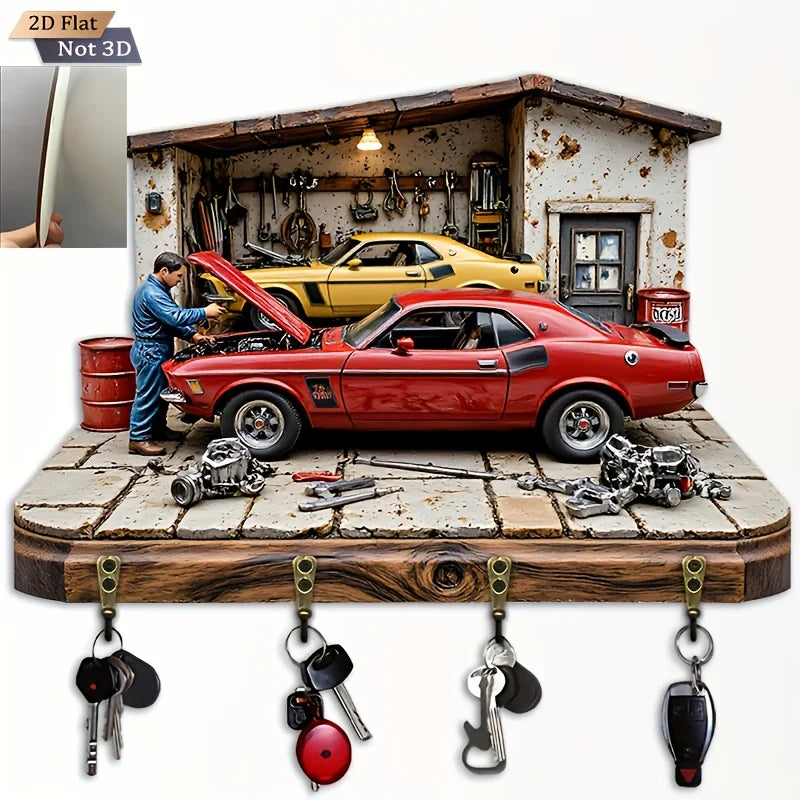 Automobile Repair Theme 2D Wooden Key Rack Multi-functional Metal Hook Wall Decora Organizer for Home Room Moving Creative Gift