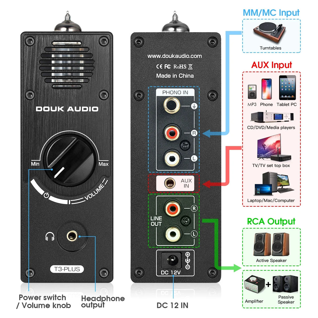 Douk Audio Vacuum Tube Phono Preamp MM/MC Turntable Stereo Desktop Pre-Amplifier Headphone Amp
