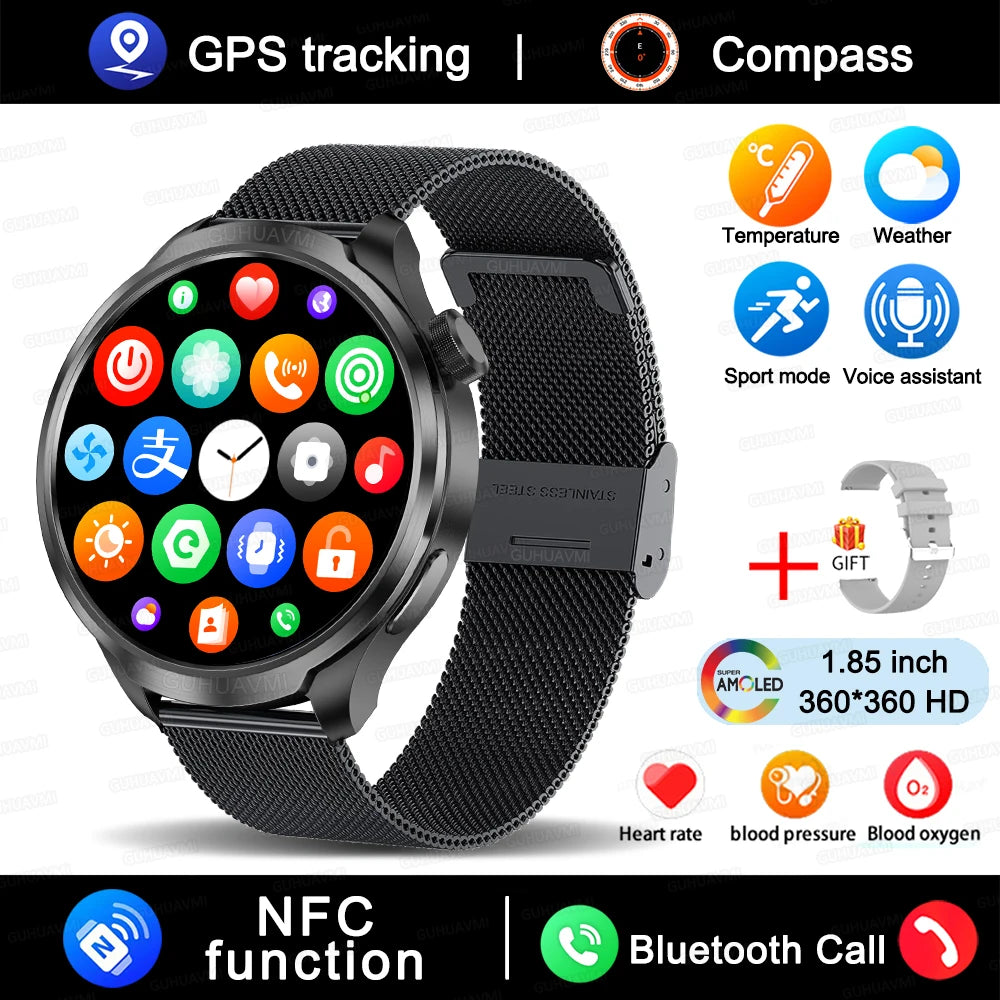 1.85" HD Big Screen Smart watch For men Sports NFC Watch Bluetooth Call Blood Pressure Temperature GPS Sport Track smart watch